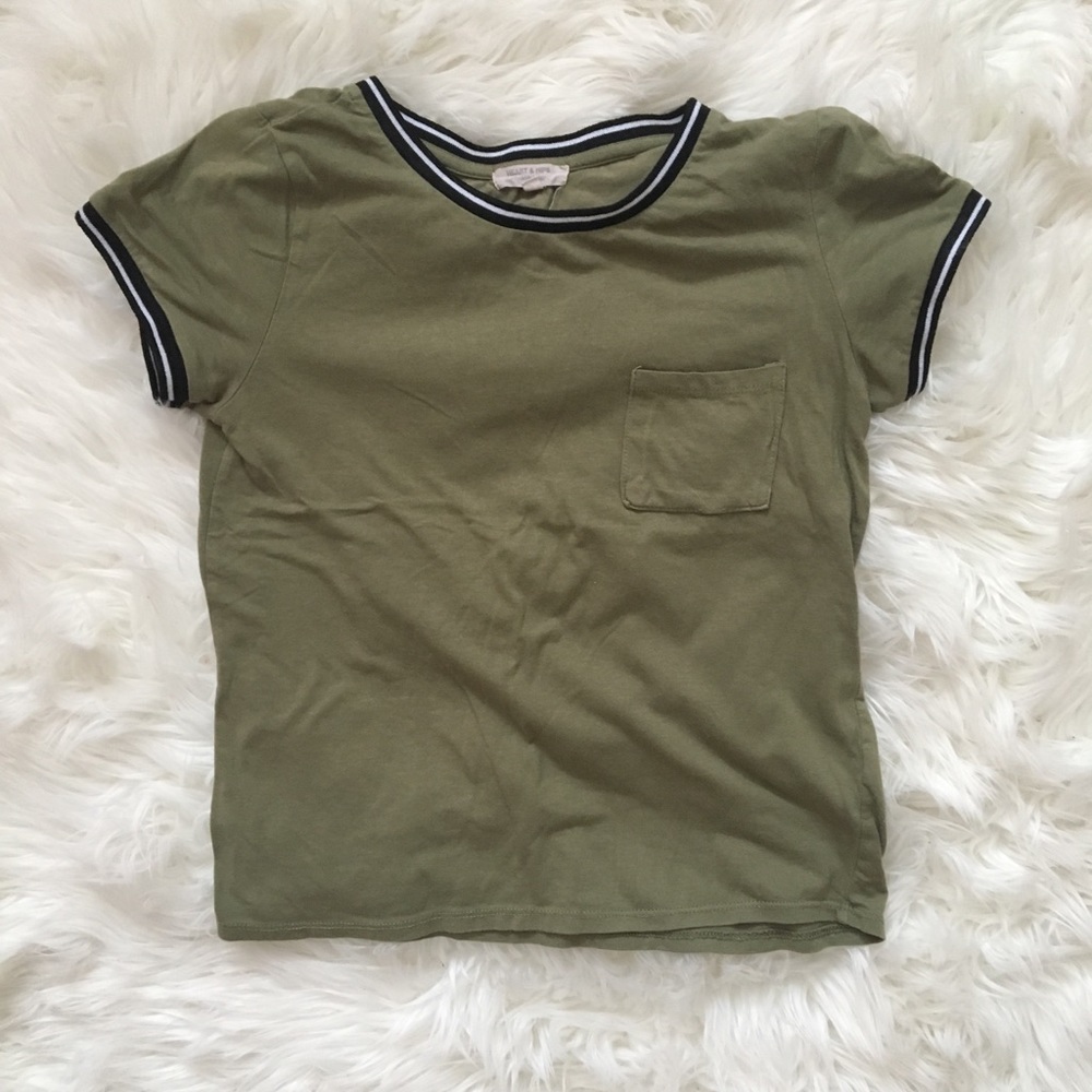 Green top with striped collar and sleeves